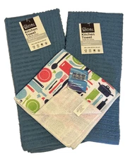 Set of 2 Chef Valley Blue Kitchen Towels and 2 Microfiber Dish Cloths NWT