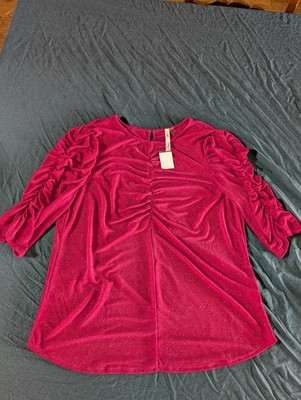 NY Collection Women Blouse 2X Pink Sparkle Dressy Top Pullover Ruched 3/4 sleeve