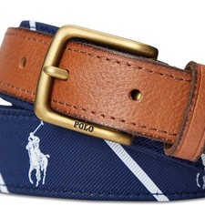 Polo Ralph Lauren Men's Leather-Trim Belt Blue/ Tan 42
