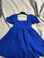 SHEIN Blue Solid Square Neck Puff Short Sleeve A-Line Short Dress S