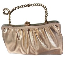 Vintage Gold Satin Ruched Evening Clutch  Champagne Kiss Lock Purse