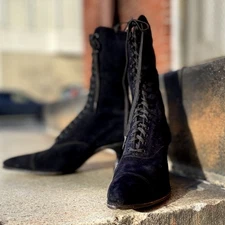 Antique Victorian 1800s Black Suede Leather Lace Up Granny Boots Size 9 / 9.5