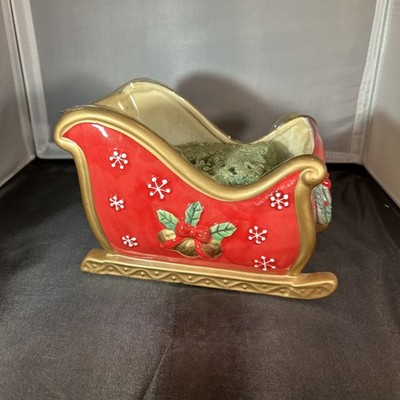 Fitz And Floyd Festive Bells Planter Santas Sleigh Christmas Wreath Ceramic Vase