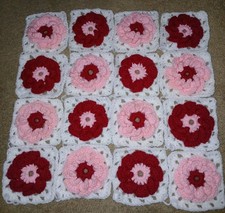 Nice Lot Of 16 3D Flower Hand Crocheted Granny Squares 4.5 " Pink, Magenta