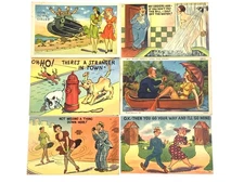 6 - 1940"s Lithograph Linen Adult & Military Humor Postcards