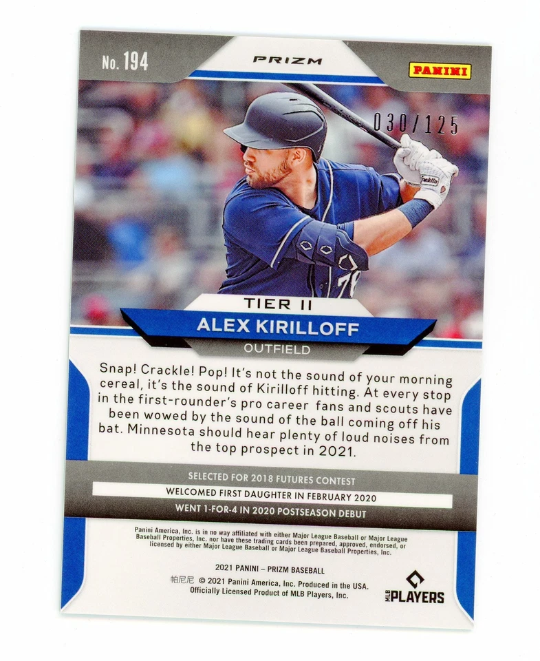 2021 Panini Prizm Prizms Lime Green #194 Alex Kirilloff RC /125 -Minnesota Twins - Image 2 of 2