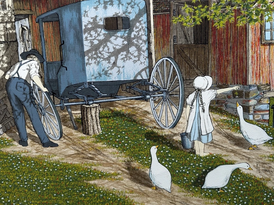 H Hargrove pintura al óleo original niña alimentando patos mientras papá trabaja Foto 4 de 4