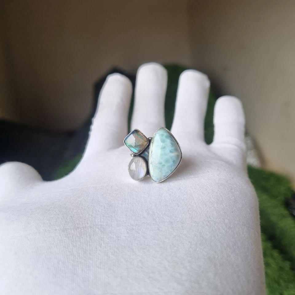Anillo Larimar, Labradorita y Piedra Lunar Plata de Ley 925 Hecho a Mano Artículo PG3765 Foto 3 de 4