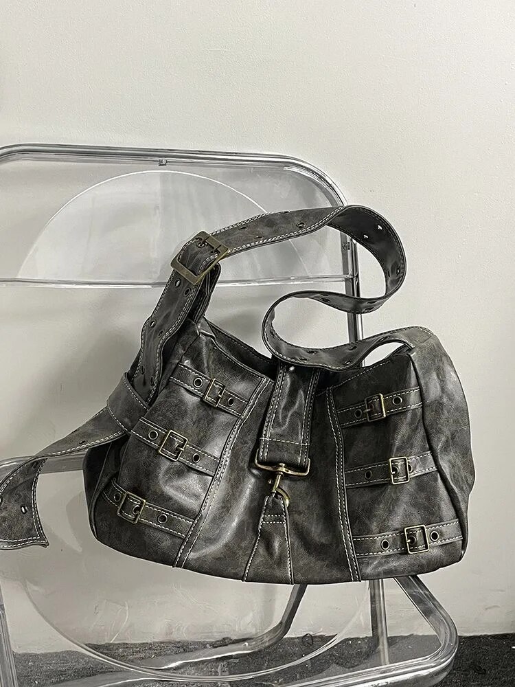 Women Vintage Shoulder Bags Handbag Soft Pu Leather Punk Cro