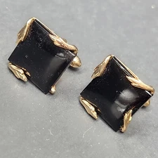 Vintage Swank cufflinks men's black polished onyx golden tone square bullet back