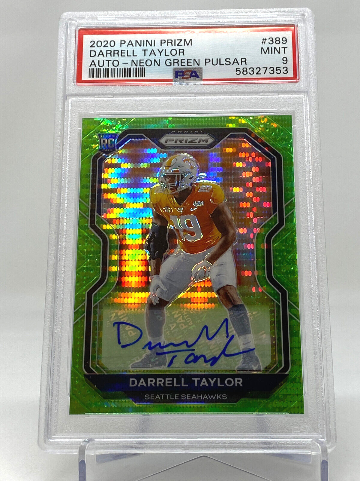 2020 Panini Prizm #389 Darrell Taylor Auto Neon Green Pulsar PSA 9 Rookie Card view 1