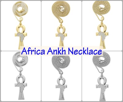 Africa on Ankh Pendant 18'',20'',24'' Box,Cuban,Rope Chain Hip Hop Necklace XSP793