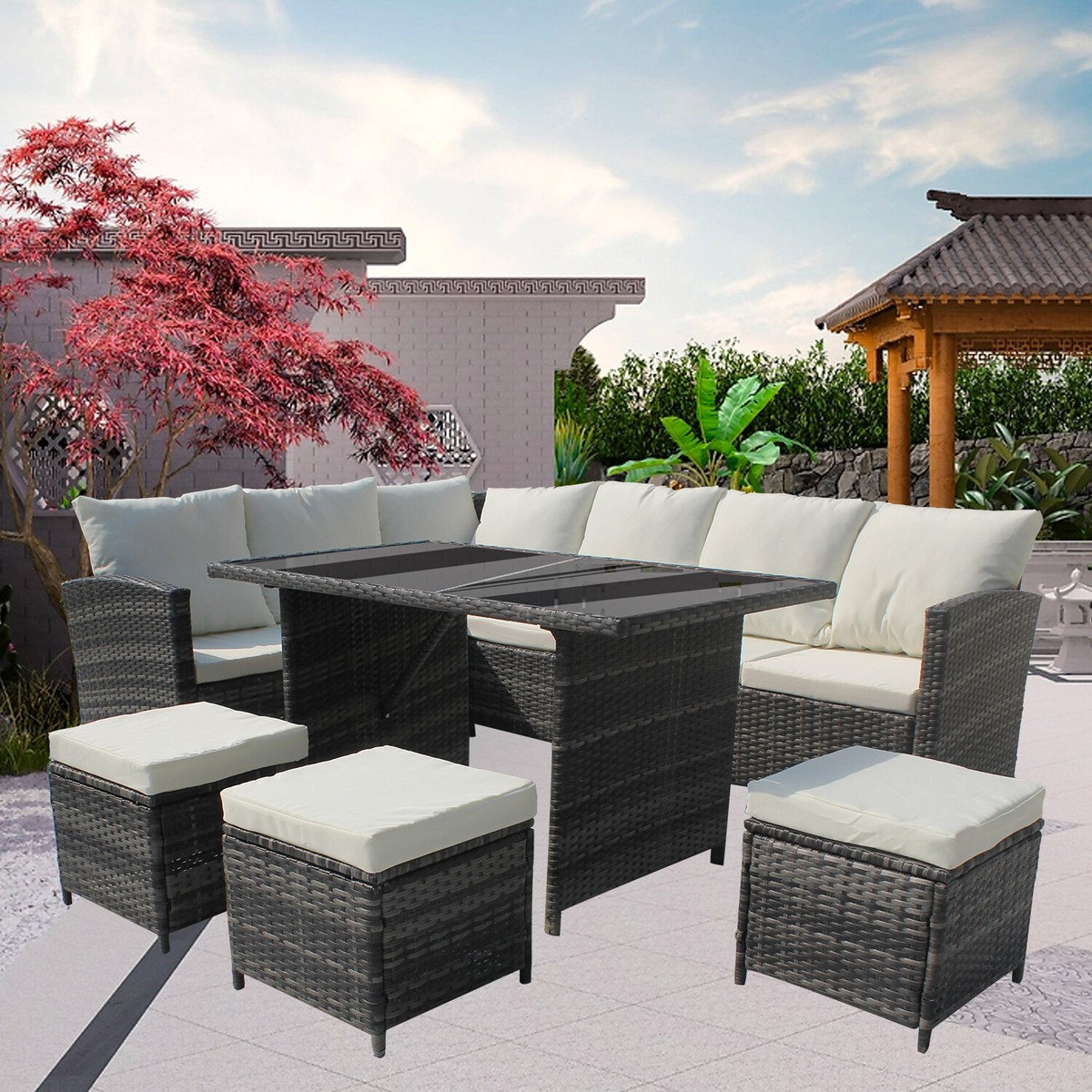Seats Rattan Garden Furniture Set Outdoor Corner Sofa w/ Dining Table  Ottoman