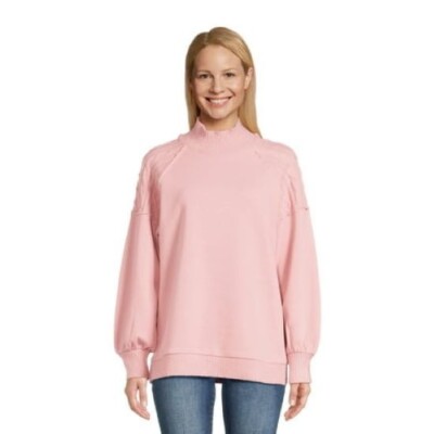 Time and Tru Womens Mixed Media Mock Neck Top Dusty Rose Small