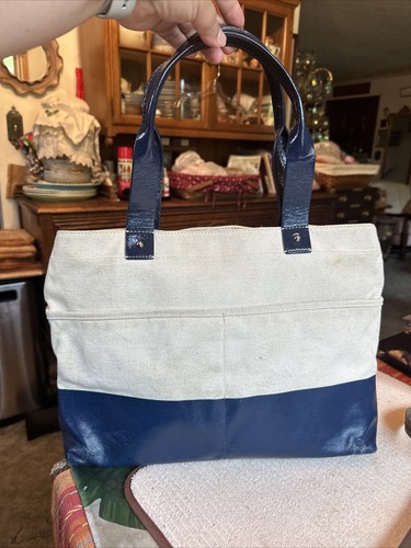 Kate Spade Women’s Canvas & Blue Patent Leather Medium Sized Tote Purse - Picture 2 of 21