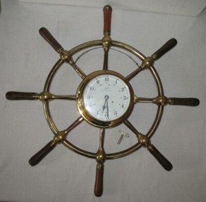 SCHATZ ROYAL MARINER SHIPS CLOCK with/24" SOLID BRASS SHIP WHEEL with/ WOOD HAND