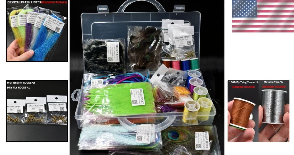 Juego de suministros para atar moscas plumas ganchos de piel hilo de cristal Foto 2 de 4