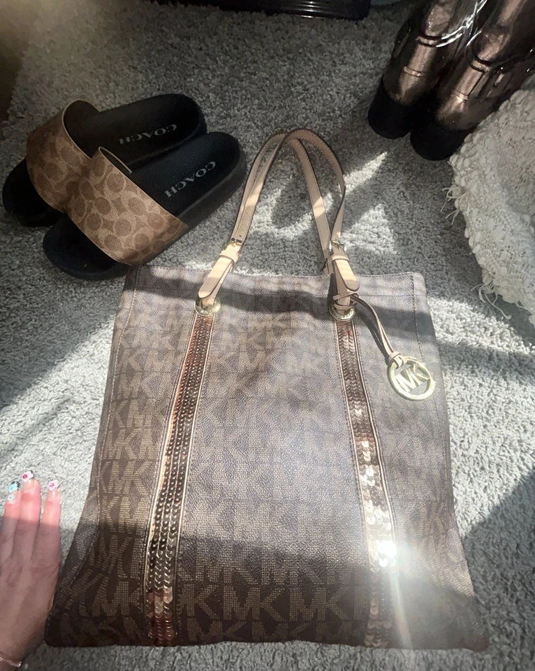 Bolso de Mano Michael Kors Grande Firma Cuero Marrón Oro Rosa Lentejuelas 👜  Foto 3 de 4