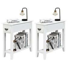 Set of 2 End Bedside Sofa Side Table Narrow Nightstand w/Drawer &Shelf White
