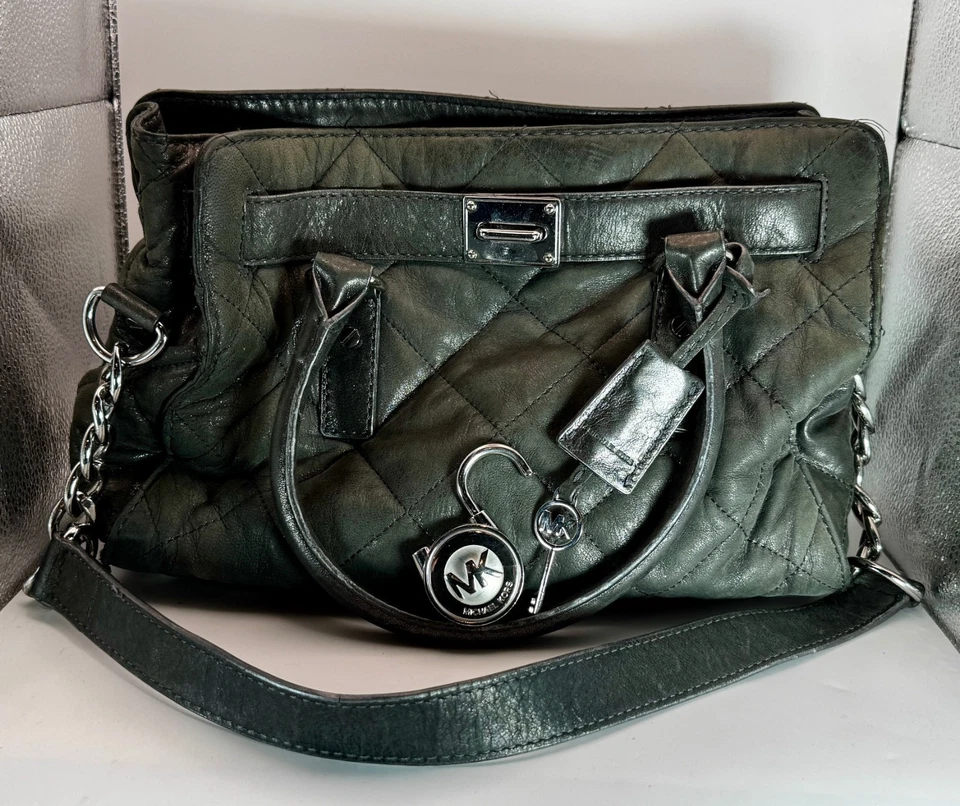 Michael Kors Hamilton Quilted Gun Metal Leather Tote Shoulder Bag w/ Lock & Key - Image 2 of 4