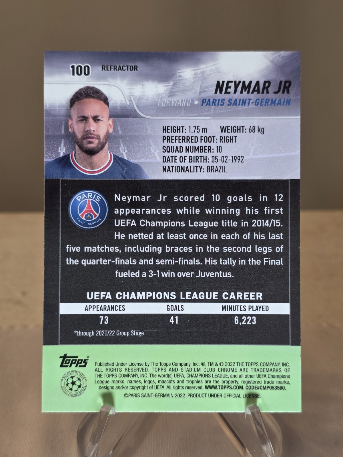2022 Topps Stadium Club UCL Neymar Jr. Refractor Parallel Card #100 view 2