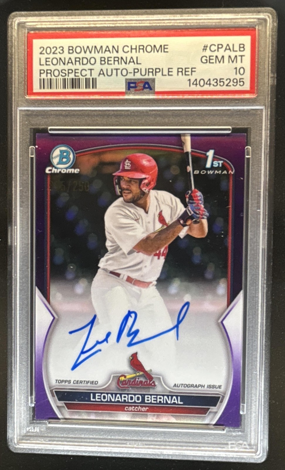 2023 Bowman Chrome Leonardo Bernal Auto Purple Refractor 1st #/250 PSA 10 view 1