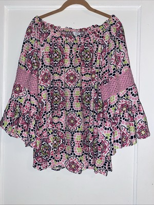 Crown & Ivy Top Womens Plus 1X Pink  Peasant Blouse Bell Sleeve Casual Ladies