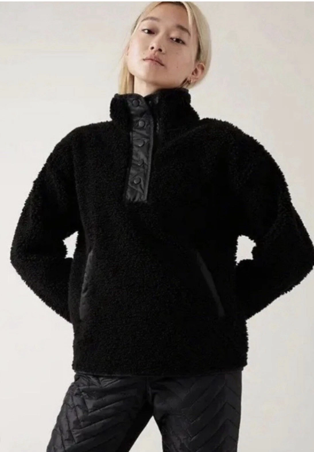 Athleta Cozy Sherpa Snap Sweatshirt Black Size XL