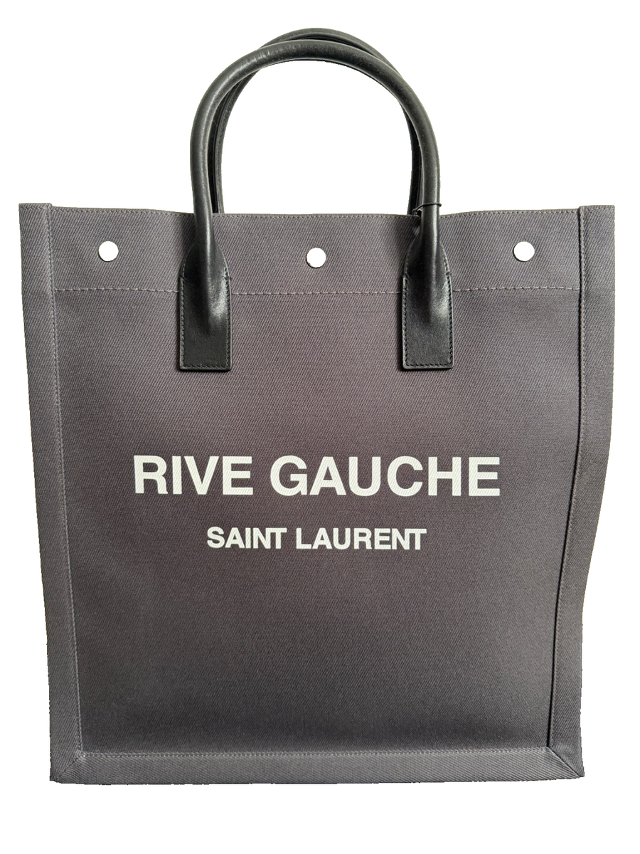NWT Saint Laurent YSL Rive Gauche Gray Canvas Logo Black Leather