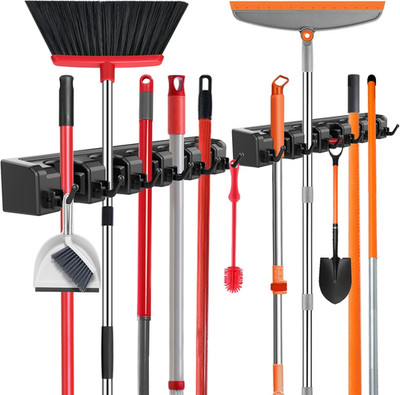 2 Pack Broom Mop Holder Wall Mount Organizer 5 Slots 6 Hooks Garage Storage