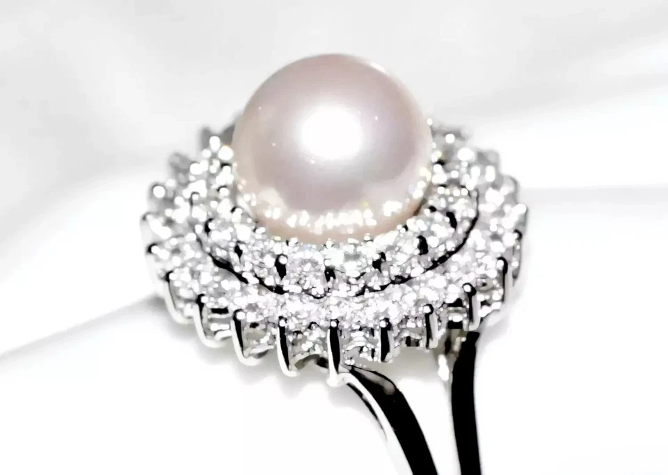 Anillo de oro Diamonique anillo de perlas cultivadas de 8 mm de oro blanco macizo de 14 quilates 3,73 g tamaño O7 Foto 2 de 4