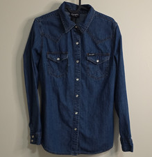 Wrangler Retro Heavy Denim Pearl Snap Yoked Shirt Womens Small Western Cowboy S