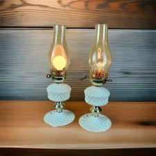 Vintage Quilted Milk Glass Hurricane Lamp Set, 18" H, Brass & Silver Accents