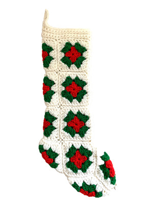 VTG Handmade CROCHET Christmas Granny Squares Red White Green Stocking 18''