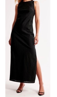 Women's High-Neck Linen-Blend Maxi Dress in Black | Size XL | Abercrombie & Fitch Women's High-Neck Linen-Blend Maxi Dress in Black | Size XL | Abercrombie & Fitch