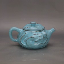 Teiera 5,9" China Song Ruyao porcellana smaltata blu pizzico intaglio animale drago