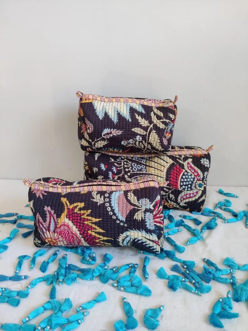 Indian Cotton Black Crown Toiletry Bag Unisex Makeup Bags Waterproof 3 Pcs. Sets