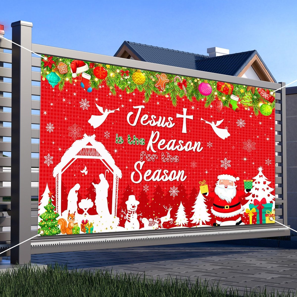 WATINC Weihnachts-Banner „Jesus Is The Reason“ – 198x114 Cm, Polyester, Mit Seil