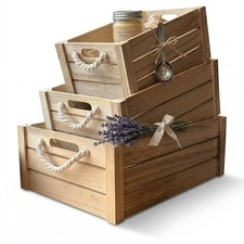 Set of 3 Rustic Nested Wooden Crates with Rope Handles - Decorative Farmhouse...