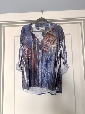 Impulse California Artsy Boho Mixed Print & Sequins 3/4 Roll Tab Sleeve Top Sz L