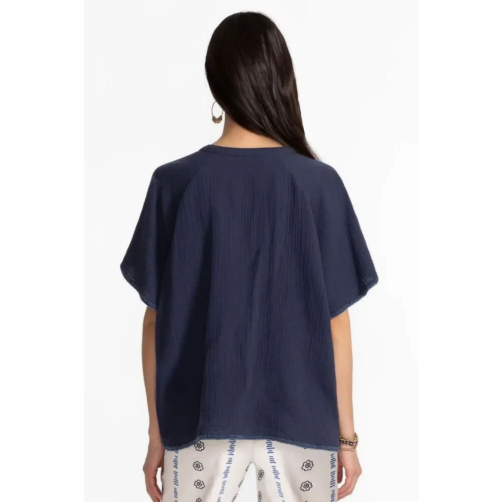 Johnny Was Calme Blue-Nights Top M B54" fit XL,1X? Cotton Gauze,Whipstitch Edges image 5