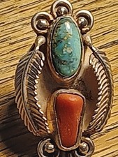 VTG Native American Navajo Silver Turquoise & Coral Ring Women Size 6.5 Unmarked