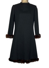 Vintage 1960s black wool dress XS brown genuine fur long sleeve shift midi