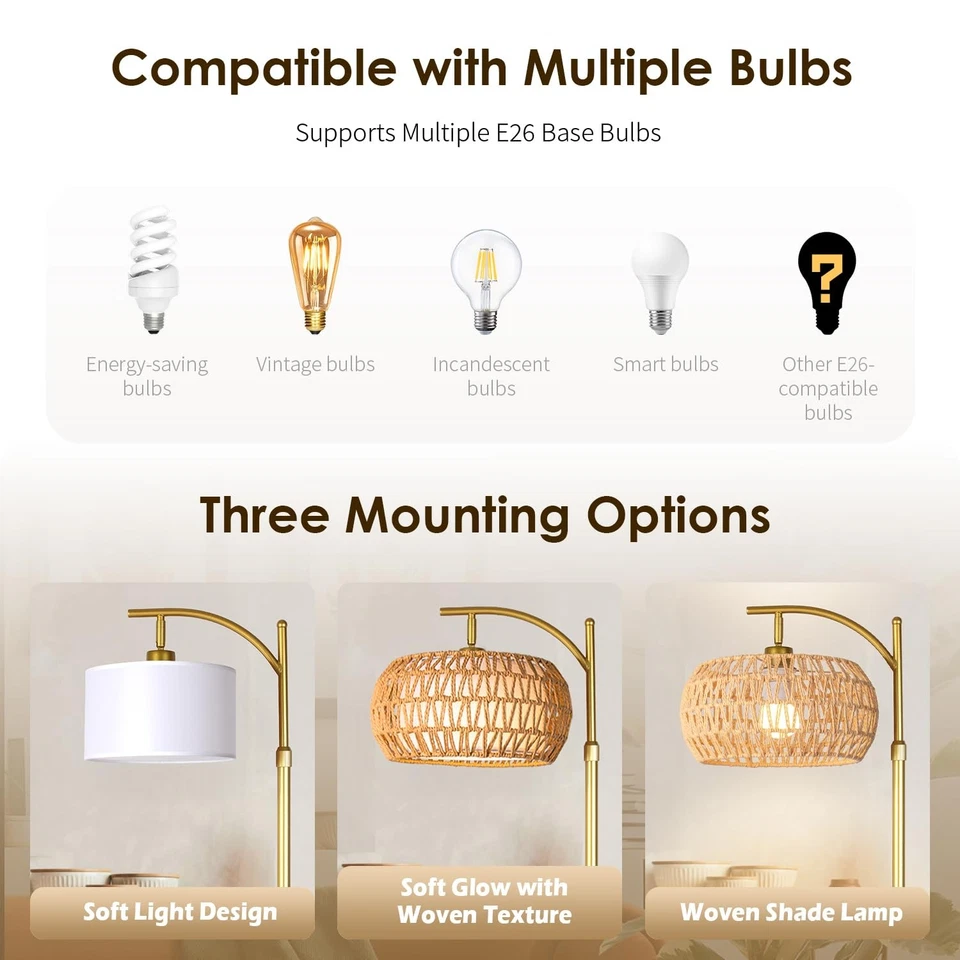 Lámpara de pie de ratán boho dorado con control remoto, regulable (2700K - 6000K), 2 en - 1 Wi... Foto 4 de 4