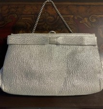 Vintage After Five Silver Lame Clutch Purse Evening Bag Bow Detail Chain Handle