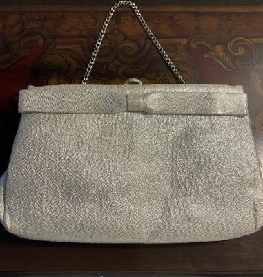 Vintage After Five Silver Lame Clutch Purse Evening Bag Bow Detail Chain Handle