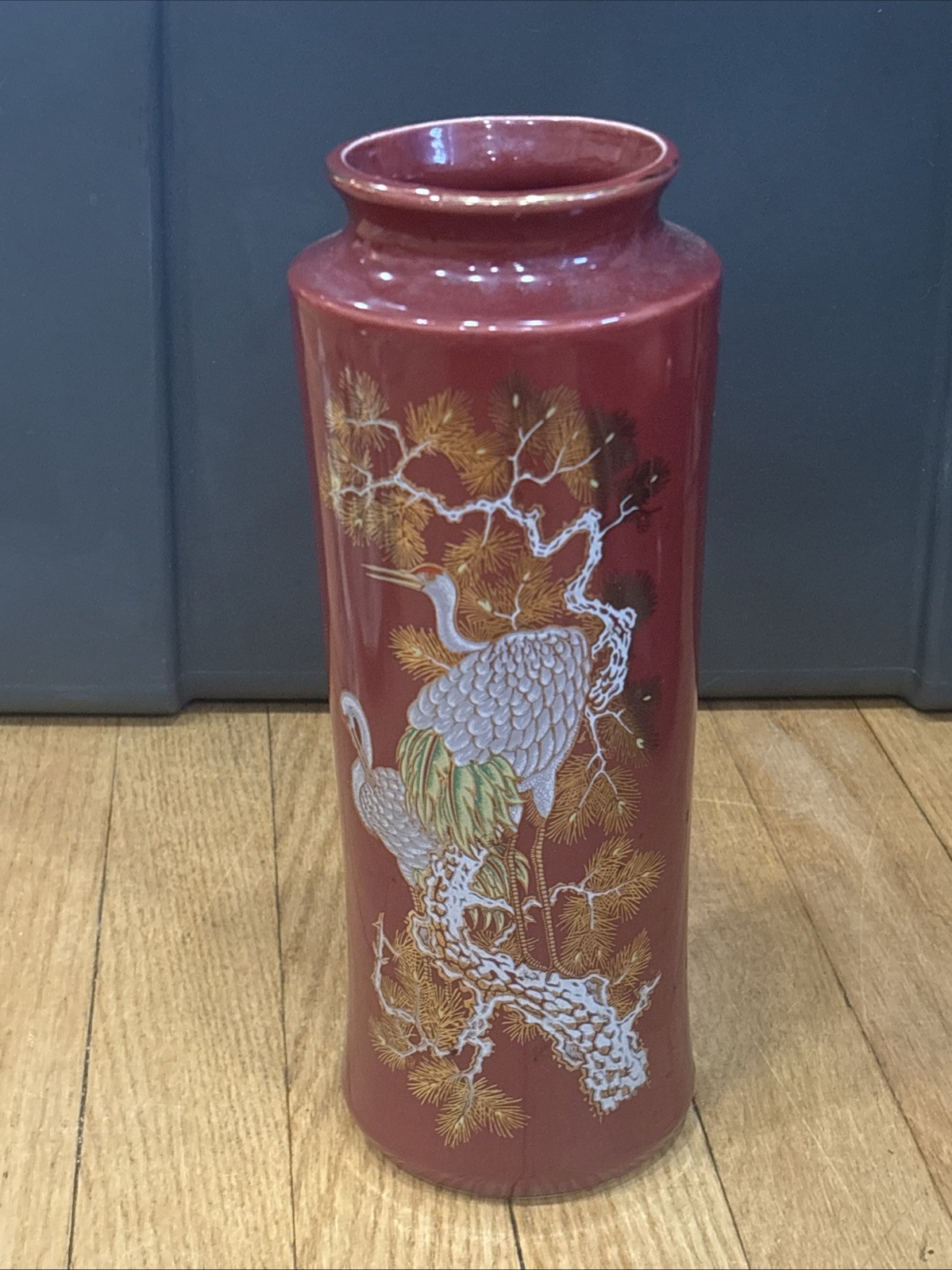 Vintage Asian Porcelain Vase Red Crane Bird Gold Gilt Japanese Chinese Decor