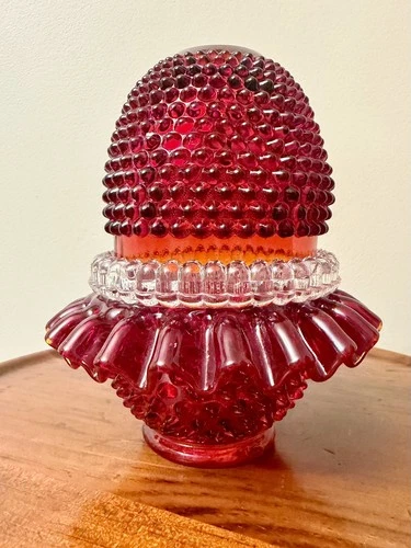 Vintage Fenton/LG Wight 3pc Hobnail Ruby Red Amberina Glass Fairy Lamp Glows