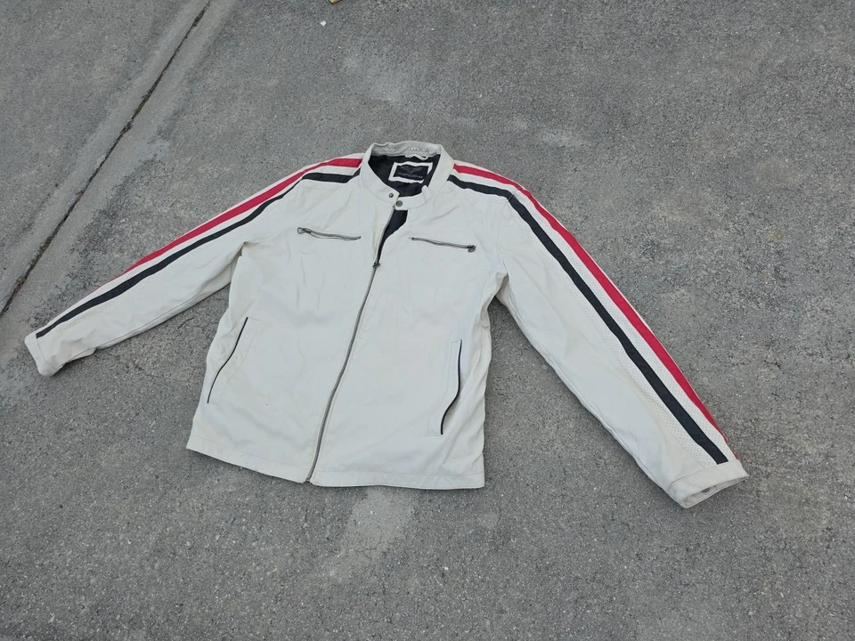 Wilsons Faux Leather White Jacket Medium Red Blue Stripes Motorcycle Moto - Image 4 of 4