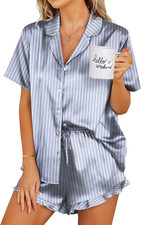 Womens Satin Pajamas Set Button down 2 Piece Silk Pjs Shorts Set Ruffle Lingerie